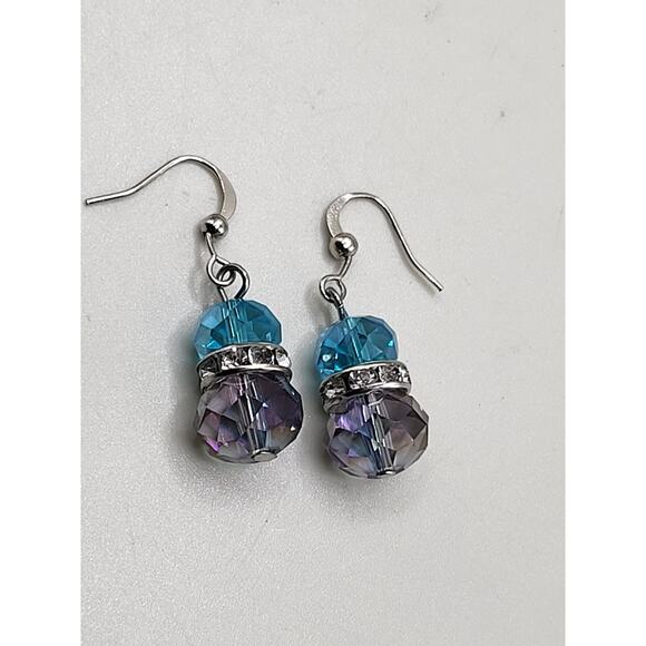 Blue Purple Faceted Glass Bead Earrings Rhinestone Spacer Dangle Jewelry - Picture 3 of 5